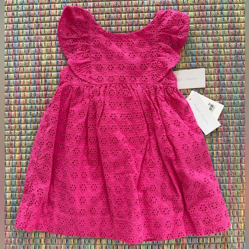 Ralph Lauren Hot Pink Eyelet Flutter-Sleeve Dress